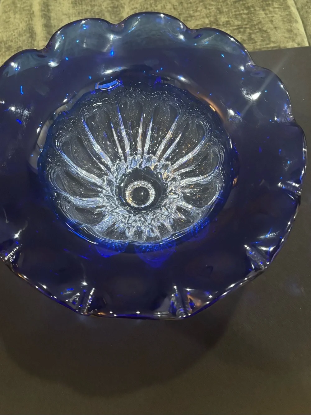 Shannon Crystal Cobalt Clear/Blue Ruffled Bowl Designs of Ireland 6.75